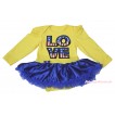 American's Birthday Yellow Long Sleeve Bodysuit Royal Blue Satin Pettiskirt & Patriotic American Sequins LOVE Print JS4918